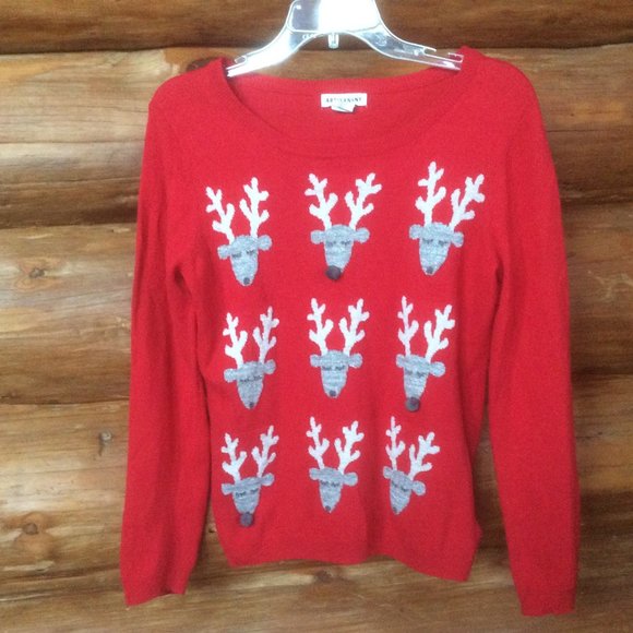 Artisan NY Red Metallic Reindeer Cashmere Wool Blend Pom Pom Sweater Size Large - Picture 1 of 4